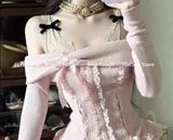 DERMEARNE Japanese Kawaii Pink 2 Piece Sets Women Off Shoulder Sweater + Cake Skirt Autumn Winter Y2k Style Aesthetic Fairy Vintage Suit