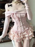 DERMEARNE Japanese Kawaii Pink 2 Piece Sets Women Off Shoulder Sweater + Cake Skirt Autumn Winter Y2k Style Aesthetic Fairy Vintage Suit