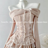 DERMEARNE Japanese Kawaii Pink 2 Piece Sets Women Off Shoulder Sweater + Cake Skirt Autumn Winter Y2k Style Aesthetic Fairy Vintage Suit