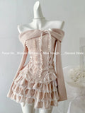 DERMEARNE Japanese Kawaii Pink 2 Piece Sets Women Off Shoulder Sweater + Cake Skirt Autumn Winter Y2k Style Aesthetic Fairy Vintage Suit