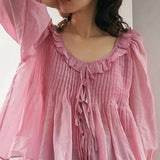 DERMEARNE Japanese Lantern Sleeve Summer 2025 Women's New Spliced O-Neck Drawstring Folds Ruffles Fashion Solid 3/4 Sleeve Blouses Shirts