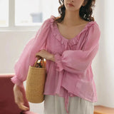 DERMEARNE Japanese Lantern Sleeve Summer 2025 Women's New Spliced O-Neck Drawstring Folds Ruffles Fashion Solid 3/4 Sleeve Blouses Shirts