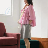 DERMEARNE Japanese Lantern Sleeve Summer 2025 Women's New Spliced O-Neck Drawstring Folds Ruffles Fashion Solid 3/4 Sleeve Blouses Shirts