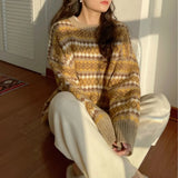 DERMEARNE Japanese Retro Jacquard Striped Sweater for Women's Autumn Winter New Lazy Style High-end Pullover Versatile Knitted Sweater Top