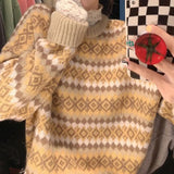 DERMEARNE Japanese Retro Jacquard Striped Sweater for Women's Autumn Winter New Lazy Style High-end Pullover Versatile Knitted Sweater Top