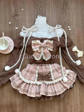 DERMEARNE Japanese Sweet Lolita 2 Piece Sets Women Retro Off Shoulder Bow Blouse Tops Plaid Cake Mini Skirt Girls Kawaii Y2k Slim Outfits