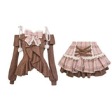 DERMEARNE Japanese Sweet Lolita 2 Piece Sets Women Retro Off Shoulder Bow Blouse Tops Plaid Cake Mini Skirt Girls Kawaii Y2k Slim Outfits