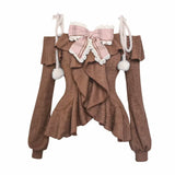 DERMEARNE Japanese Sweet Lolita 2 Piece Sets Women Retro Off Shoulder Bow Blouse Tops Plaid Cake Mini Skirt Girls Kawaii Y2k Slim Outfits