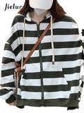 DERMEARNE Jielur New Korean Style Zipper Striped Female Hoodies Autumn Loose Casual Drawstring Streetwear Long Sleeve Women Sweatshirts