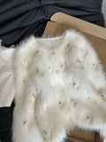 DERMEARNE Jmprs Chic Pearls White Cardigan Sweaters Women Elegant Sweet Faux Mink Cashmere Coats Korean Long Sleeve Fashion Knitted Tops