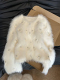 DERMEARNE Jmprs Chic Pearls White Cardigan Sweaters Women Elegant Sweet Faux Mink Cashmere Coats Korean Long Sleeve Fashion Knitted Tops