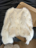 DERMEARNE Jmprs Chic Pearls White Cardigan Sweaters Women Elegant Sweet Faux Mink Cashmere Coats Korean Long Sleeve Fashion Knitted Tops