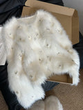 DERMEARNE Jmprs Chic Pearls White Cardigan Sweaters Women Elegant Sweet Faux Mink Cashmere Coats Korean Long Sleeve Fashion Knitted Tops