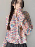 DERMEARNE Jmprs Korean Fashion Rainbow Cardigan Women Sweet Long Sleeve Knitting Sweaters Elegant Loose Buttons Autumn Lady Cardigan Coat