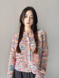 DERMEARNE Jmprs Korean Fashion Rainbow Cardigan Women Sweet Long Sleeve Knitting Sweaters Elegant Loose Buttons Autumn Lady Cardigan Coat