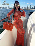 DERMEARNE Joskaa Fishnet Knitting Hollow Sequins Maxi Dress Sexy See Through Holiday Long Sleeve Slim Summer 2025 Vacation Beach Dresses
