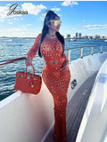 DERMEARNE Joskaa Fishnet Knitting Hollow Sequins Maxi Dress Sexy See Through Holiday Long Sleeve Slim Summer 2025 Vacation Beach Dresses