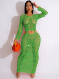 DERMEARNE Joskaa Fishnet Knitting Hollow Sequins Maxi Dress Sexy See Through Holiday Long Sleeve Slim Summer 2025 Vacation Beach Dresses