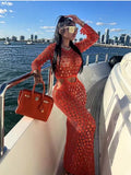 DERMEARNE Joskaa Fishnet Knitting Hollow Sequins Maxi Dress Sexy See Through Holiday Long Sleeve Slim Summer 2025 Vacation Beach Dresses