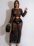 DERMEARNE Joskaa Fishnet Knitting Hollow Sequins Maxi Dress Sexy See Through Holiday Long Sleeve Slim Summer 2025 Vacation Beach Dresses