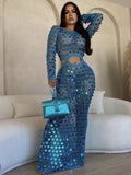 DERMEARNE Joskaa Fishnet Knitting Hollow Sequins Maxi Dress Sexy See Through Holiday Long Sleeve Slim Summer 2025 Vacation Beach Dresses