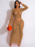 DERMEARNE Joskaa Fishnet Knitting Hollow Sequins Maxi Dress Sexy See Through Holiday Long Sleeve Slim Summer 2025 Vacation Beach Dresses