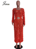 DERMEARNE Joskaa Fishnet Knitting Hollow Sequins Maxi Dress Sexy See Through Holiday Long Sleeve Slim Summer 2025 Vacation Beach Dresses
