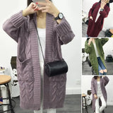 DERMEARNE Knit Sweater Women's Long Sleeve Knitting Cardigan with Pockets Ribbed Trim Open Front Sweater Coat Mid-length Loose Fit Twist