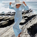 DERMEARNE Knitted 3D Flower Women Dress Sexy Hollow Out See Through Backless Beach Long Dresses 2025 Holiday V Neck Slim Female Vestidos