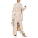 DERMEARNE Knitted Coat Ribbed Cuffs Long Sleeve Pockets Open Stitch Sweater Coat Autumn Winter Casual Maxi Slim Cardigan Sweater