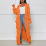 DERMEARNE Knitted Coat Ribbed Cuffs Long Sleeve Pockets Open Stitch Sweater Coat Autumn Winter Casual Maxi Slim Cardigan Sweater