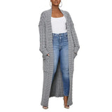 DERMEARNE Knitted Coat Ribbed Cuffs Long Sleeve Pockets Open Stitch Sweater Coat Autumn Winter Casual Maxi Slim Cardigan Sweater