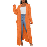 DERMEARNE Knitted Coat Ribbed Cuffs Long Sleeve Pockets Open Stitch Sweater Coat Autumn Winter Casual Maxi Slim Cardigan Sweater