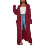 DERMEARNE Knitted Coat Ribbed Cuffs Long Sleeve Pockets Open Stitch Sweater Coat Autumn Winter Casual Maxi Slim Cardigan Sweater