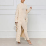 DERMEARNE Knitted Coat Ribbed Cuffs Long Sleeve Pockets Open Stitch Sweater Coat Autumn Winter Casual Maxi Slim Cardigan Sweater