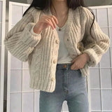 Dermearne Korean Fashion Cropped Twist Cardigan Women 2024 Chic Long Sleeve Knitted Cardigans Woman Solid Color V Neck Sweater Jackets
