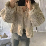 Dermearne Korean Fashion Cropped Twist Cardigan Women 2024 Chic Long Sleeve Knitted Cardigans Woman Solid Color V Neck Sweater Jackets