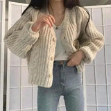 Dermearne Korean Fashion Cropped Twist Cardigan Women 2024 Chic Long Sleeve Knitted Cardigans Woman Solid Color V Neck Sweater Jackets