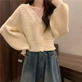 DERMEARNE Korean Fashion Jacket Cardigan V Neck Cropped Cardigan Women Long Sleeve Twist Knitted Sweater Coats Autumn Winter Keep Warm