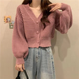 DERMEARNE Korean Fashion Jacket Cardigan V Neck Cropped Cardigan Women Long Sleeve Twist Knitted Sweater Coats Autumn Winter Keep Warm