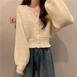 DERMEARNE Korean Fashion Jacket Cardigan V Neck Cropped Cardigan Women Long Sleeve Twist Knitted Sweater Coats Autumn Winter Keep Warm