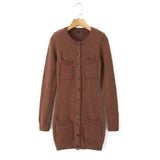 DERMEARNE Korean Fashion Long Cardigans For Woman Knitted Long Sleeve Top Button Up Cardigan Black Open Front Cardigan With Pockets Brown