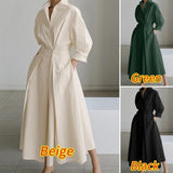 DERMEARNE Korean Fashion Long Sleeve Shirt Maxi Dress Women Chic Turndown Neck Ruched Dress Elegant Office Lady  Autumn Clothes Streetwear