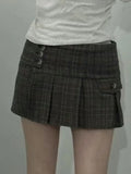 DERMEARNE Korean Fashion Plaid Pleated Skirt Women Low Waist Buttons Irregular Mini Skirts 2025 New Streetwear Vintage Chic Faldas Bottom