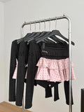 DERMEARNE Korean Fashion Polka Dot 2-piece Set Women Design Sweet Slim Long Sleeve V-neck Tops Female + Elastic Waist Pink Ruffle Skirt