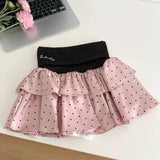 DERMEARNE Korean Fashion Polka Dot 2-piece Set Women Design Sweet Slim Long Sleeve V-neck Tops Female + Elastic Waist Pink Ruffle Skirt