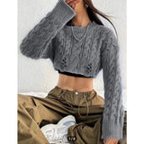DERMEARNE Korean Knitted Sweater Women Round Neck High Waist Short Style Pullover Long Sleeve Top