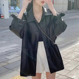 DERMEARNE Korean Pu Leather Soft Black Jackets Long Sleeve Waterproof Coats Streetwear Retro Oversized Turn Down Collar Suits For Women