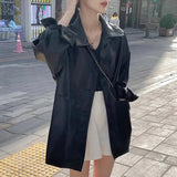 DERMEARNE Korean Pu Leather Soft Black Jackets Long Sleeve Waterproof Coats Streetwear Retro Oversized Turn Down Collar Suits For Women