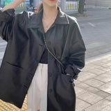DERMEARNE Korean Pu Leather Soft Black Jackets Long Sleeve Waterproof Coats Streetwear Retro Oversized Turn Down Collar Suits For Women